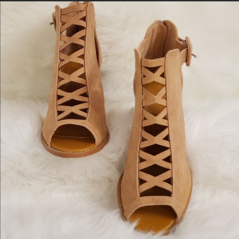 Camel colored open toe shoes